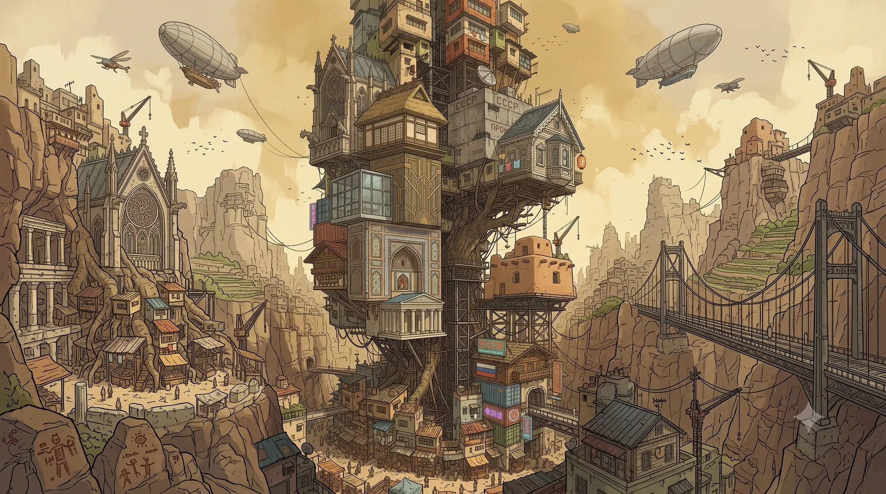 A dense illustrated city of clashing architectural styles — a Gothic cathedral, Soviet concrete blocks, a Japanese house, an Islamic arch, a classical temple, and favela shacks — all accreted around one giant tree trunk, with construction cranes still bolting on more and airships drifting overhead.